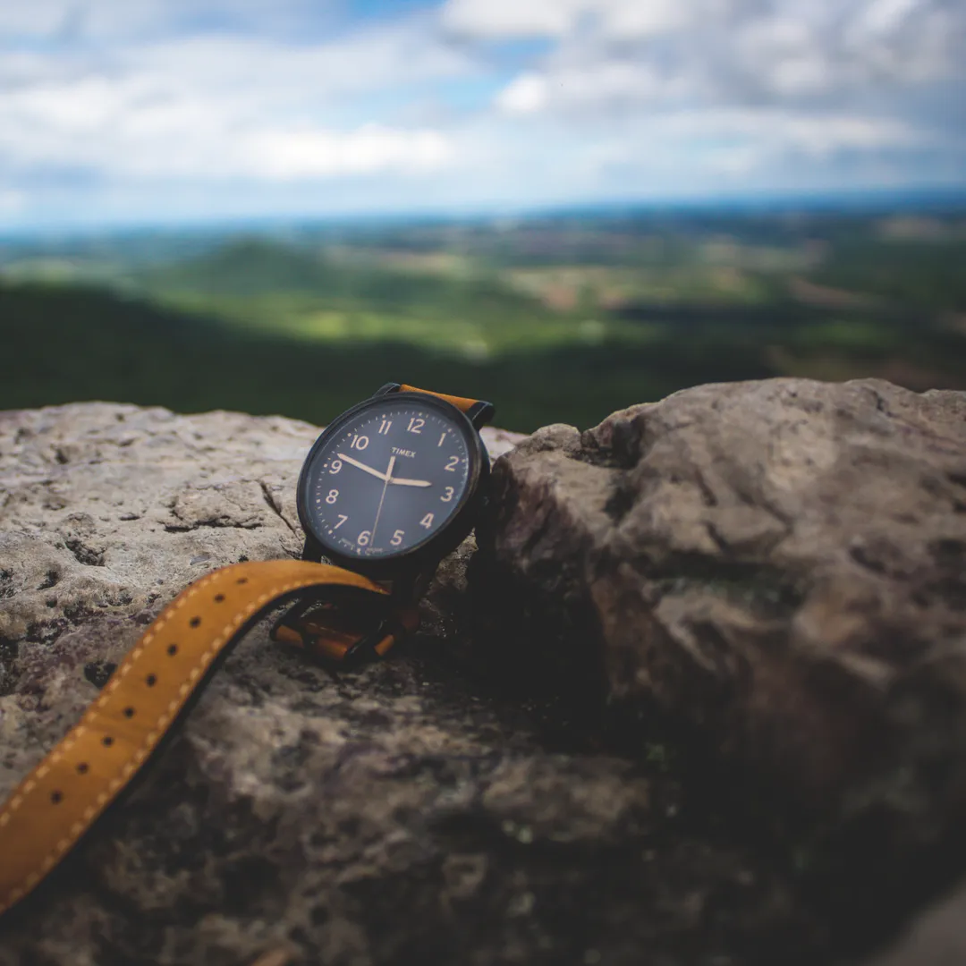 Reloj de pulsera con correa de cuero sobre una roca, con montañas al fondo