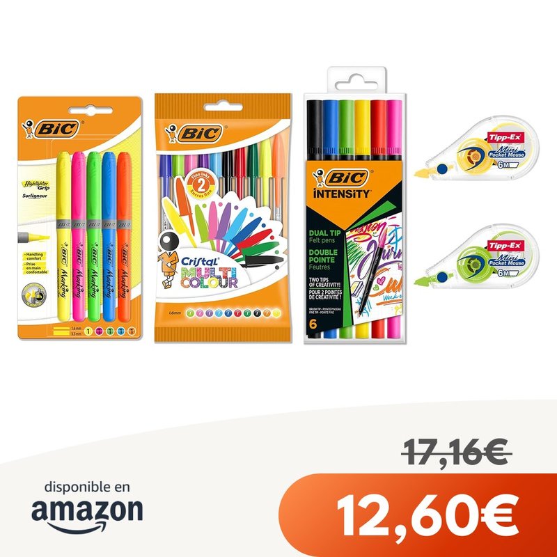 Set BIC con Cinta Correctora, Bolis Cristal, Highlighter Grip y Rotuladores Intensity