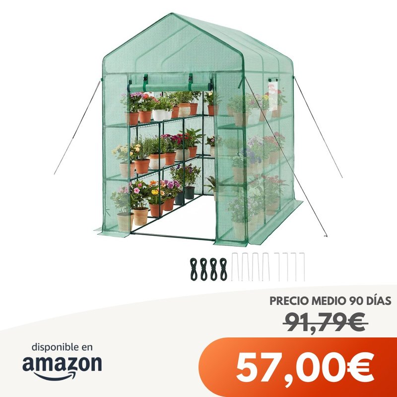 VEVOR Invernadero Exterior 137x206x196 cm, Puerta Enrollable, 2 Ventanas, 3 Niveles, Cubierta PE, Verde