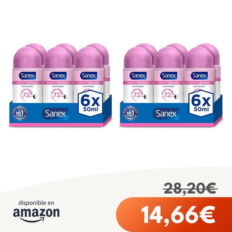 Sanex Dermo+ Desodorante Roll-On 72h, 6x50ml