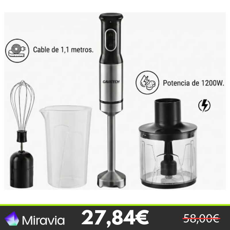 GAVATECH Batidora de Mano 1200W – Kit 3 en 1 con Picadora de 350ml, Varilla Batidora y 4 Cuchillas de Titanio
