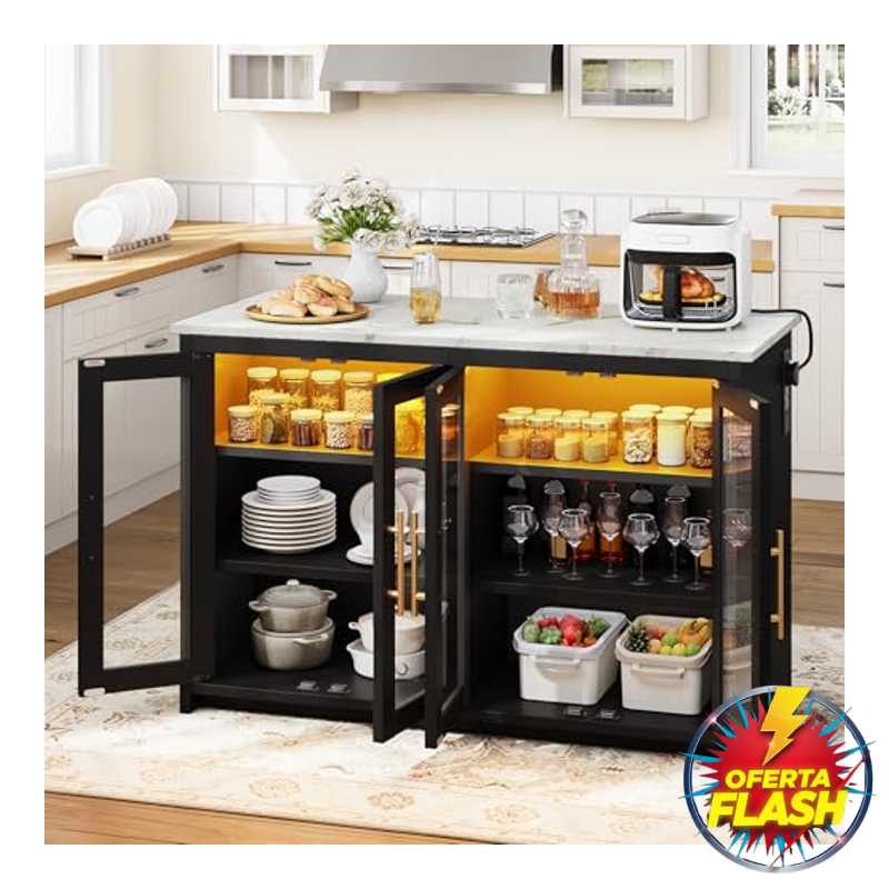 YITAHOME Isla de Cocina con Toma de Corriente y Luces LED, 130 x 60 x 88,5 cm