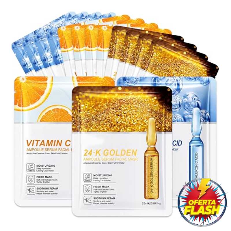 Set de Regalo de 15 Mascarillas Faciales con Colágeno, Ácido Hialurónico y Oro 24K