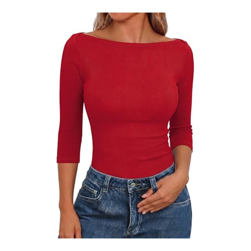 Aottori Camiseta Mujer Manga Tres Cuartos Tejido Acanalado con Cuello Barco